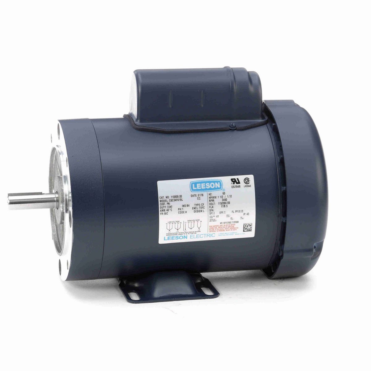 LEESON General Purpose Motor, 1.50 HP, 1 Ph, 60 Hz, 115/230 V, 3600 RPM, 56C Frame, TEFC - 110909.00