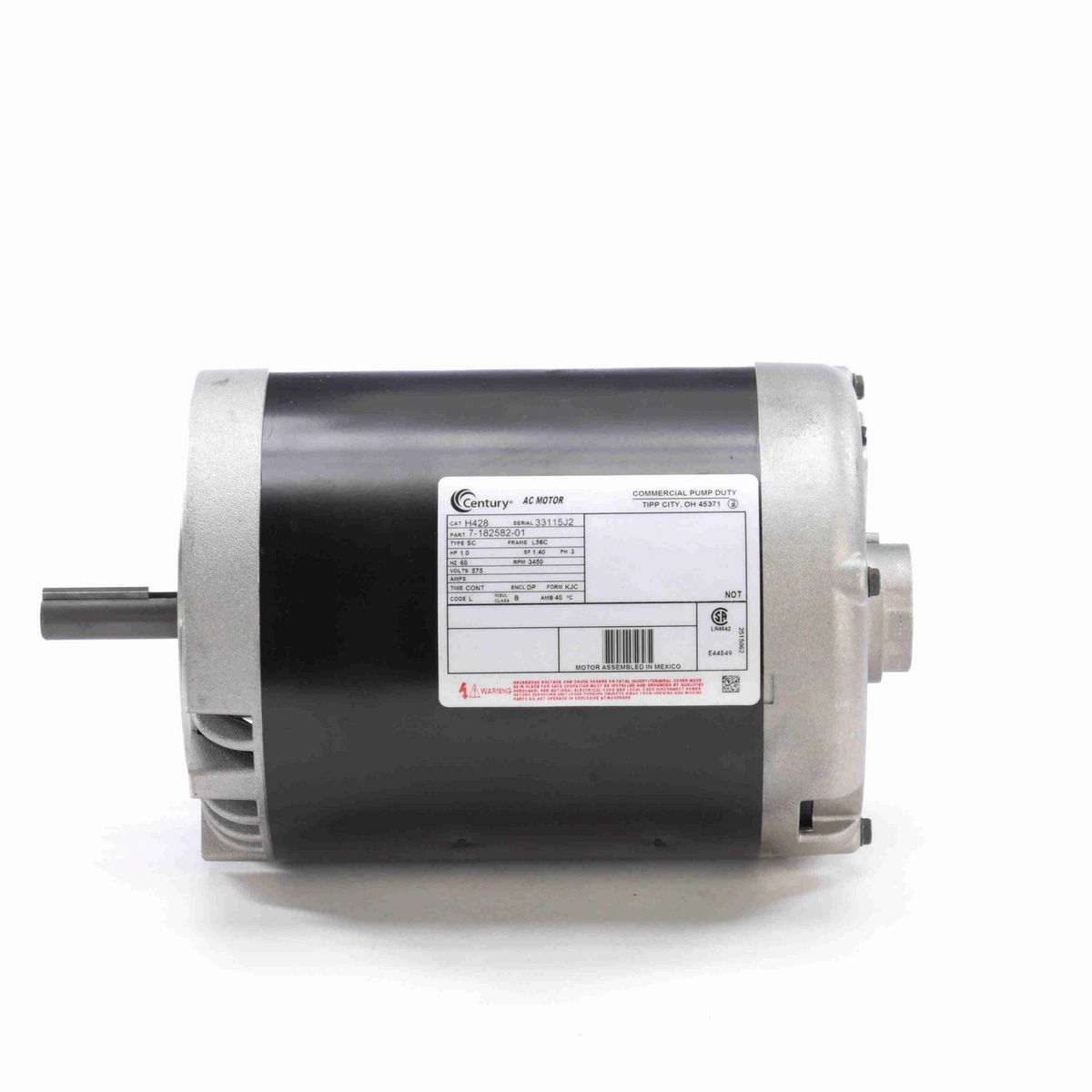 Century General Purpose Pump Motor, 1.0 HP, 3 Ph, 60 Hz, 575 V, 3600 RPM, L56C Frame, DP - H428
