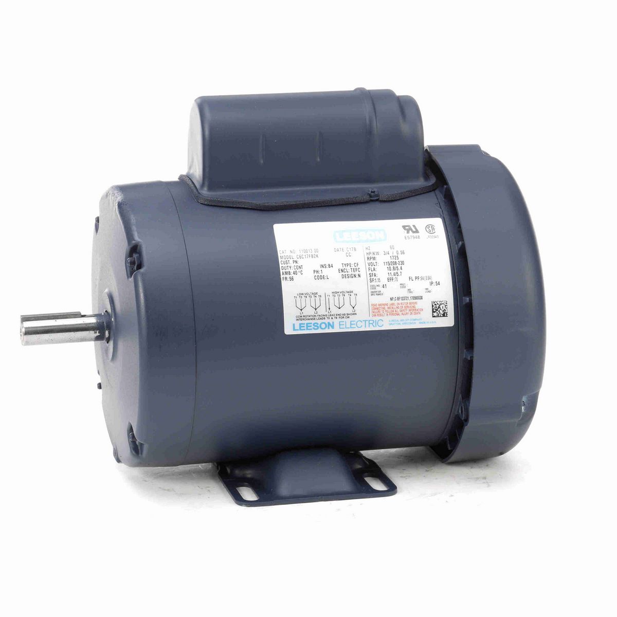 LEESON General Purpose Motor, 0.75 HP, 1 Ph, 60 Hz, 115/230 V, 1800 RPM, 56 Frame, TEFC - 110013.00