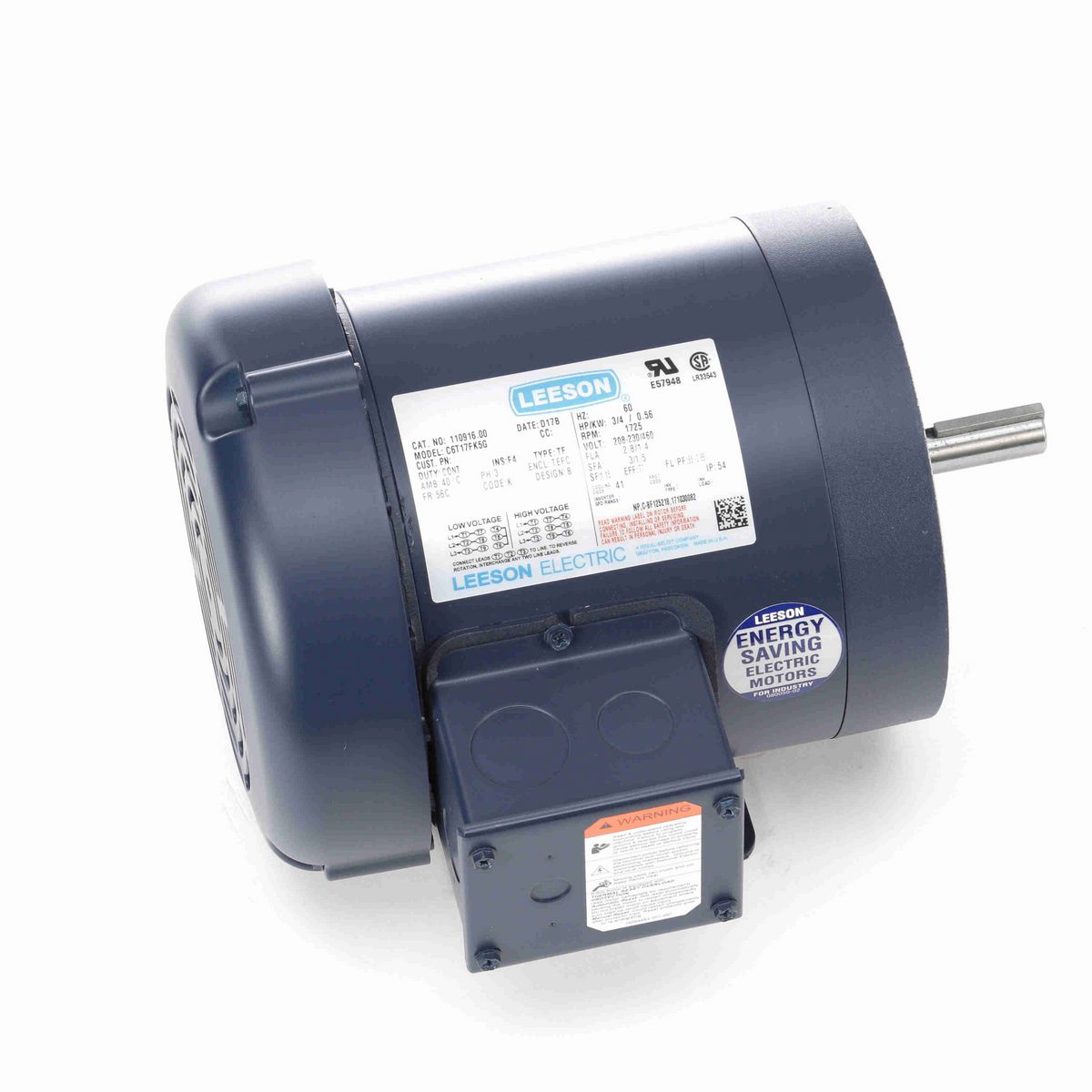 LEESON General Purpose Motor, 0.75 HP, 3 Ph, 60 Hz, 208-230/460 V, 1800 RPM, 56C Frame, TEFC - 110916.00