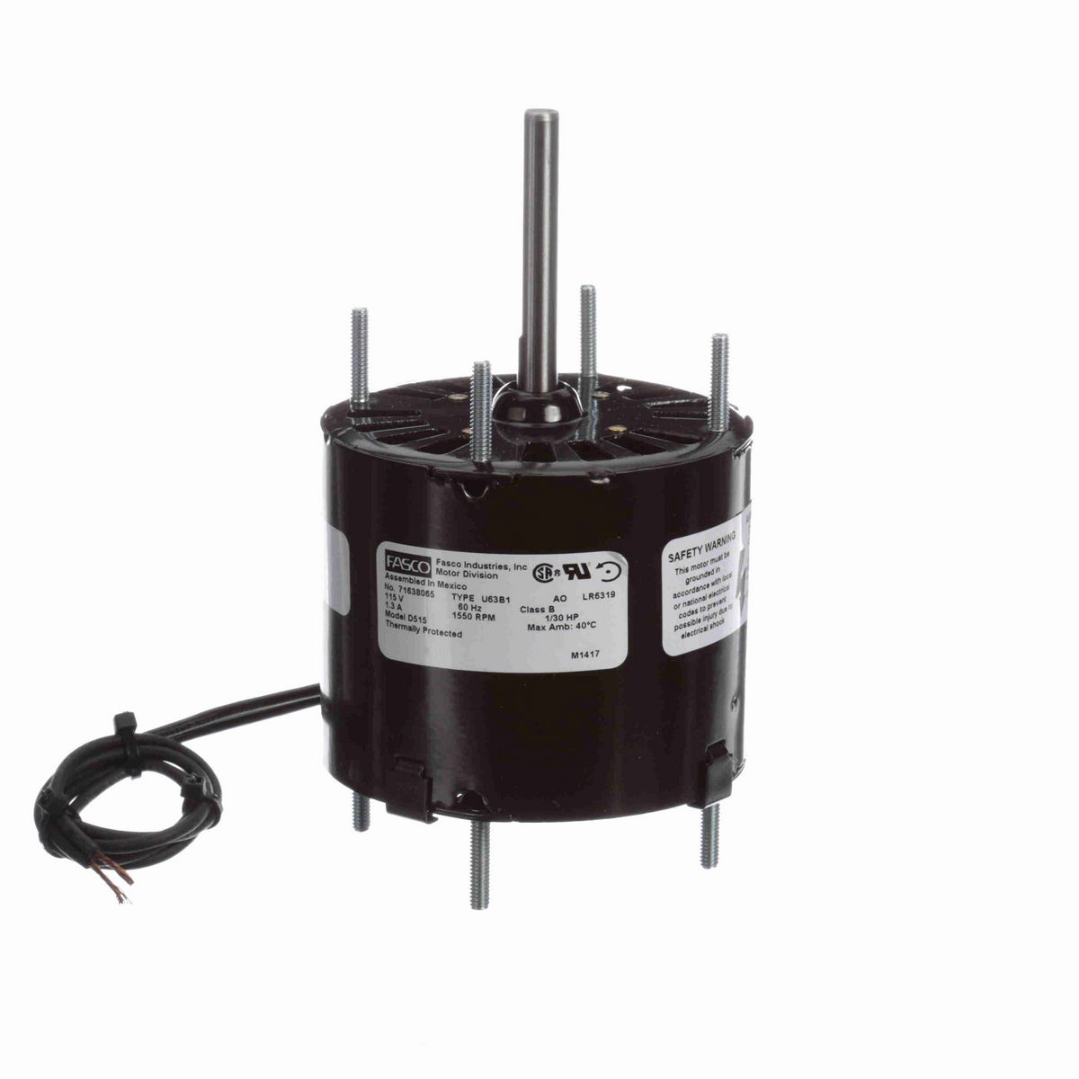 FASCO Fan and Blower Motor, 1/30 HP, 1 Ph, 60 Hz, 115 V, 1550 RPM, 1 Speed, 3.3" Diameter, OAO - D515