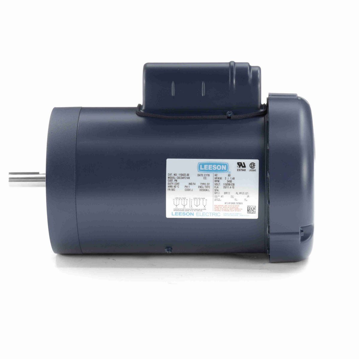 LEESON General Purpose Motor, 2 HP, 1 Ph, 60 Hz, 115/230 V, 3600 RPM, 56C Frame, TEFC - 110422.00