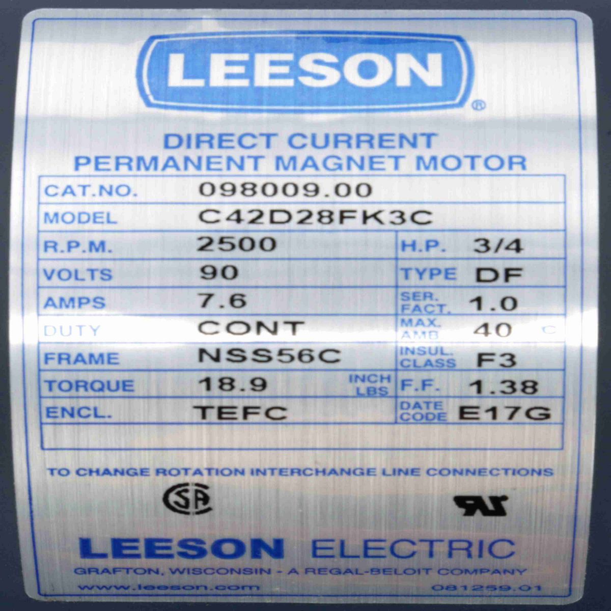 LEESON SCR Motor, 0.75 HP, 90 V, 2500 RPM, SS56C Frame, TEFC - 098009.00