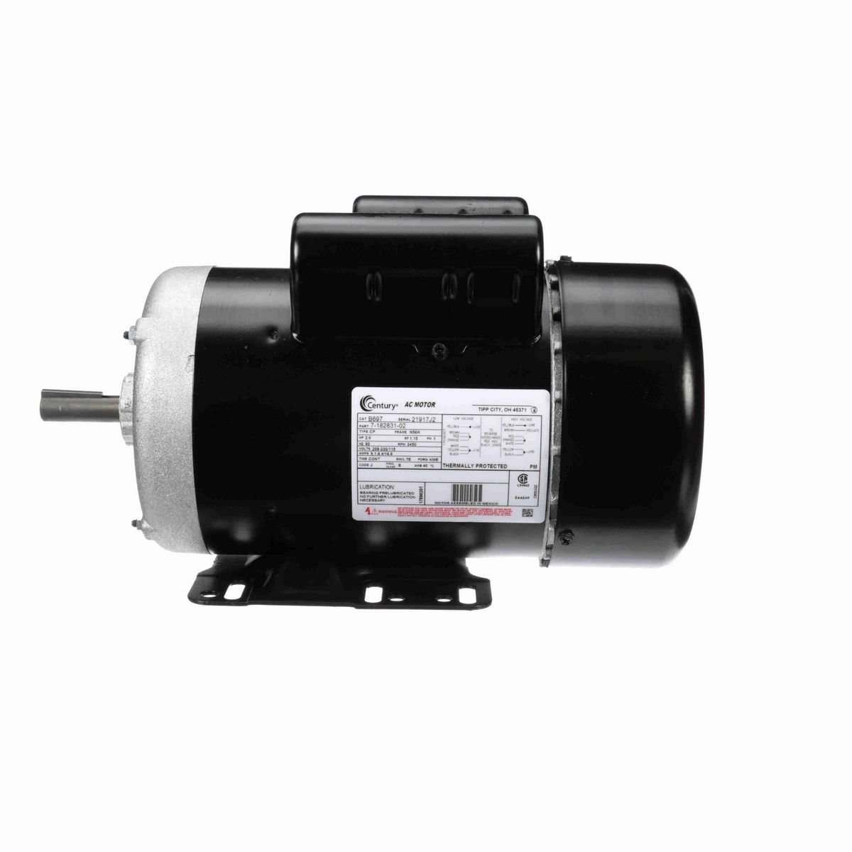 Century General Purpose Motor, 2.0 HP, 1 Ph, 60 Hz, 208-230/115 V, 3600 RPM, N56H Frame, TEFC - B697