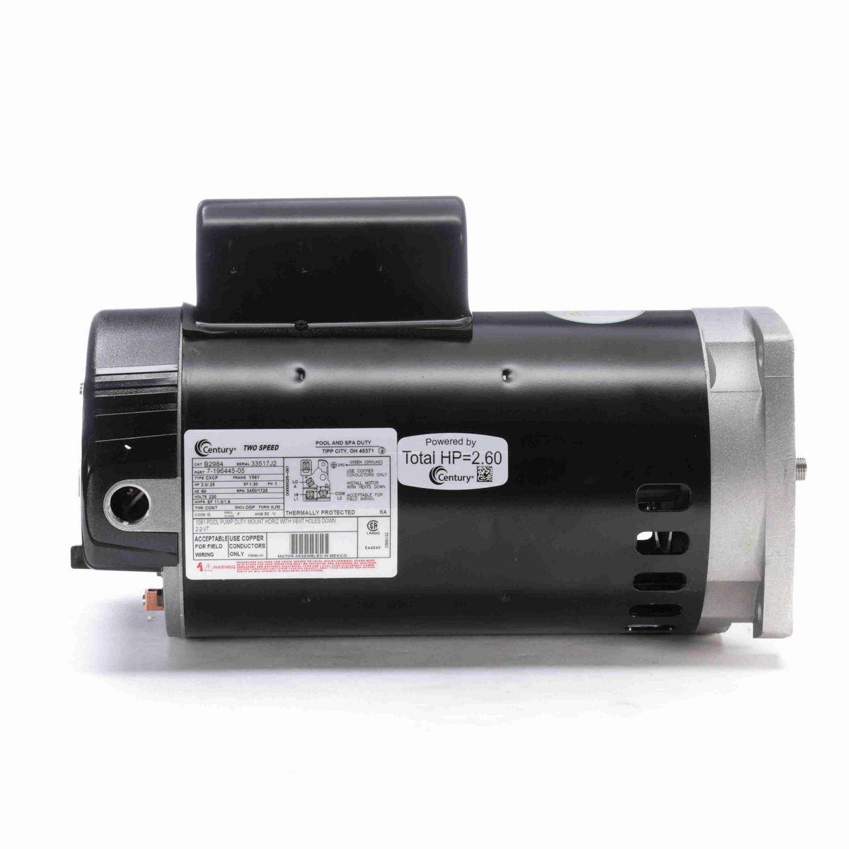 Century Pool Pump Motor, 2.0/.25 HP, 1 Ph, 60 Hz, 230 V, 3600 RPM, Y56Y Frame, ODP - B2984