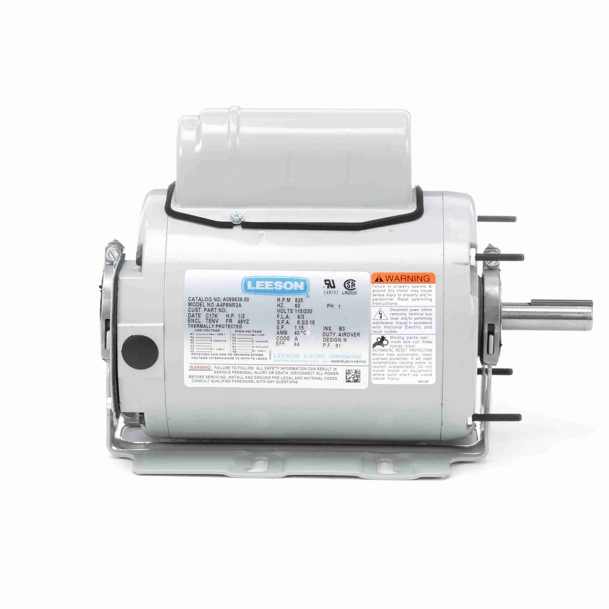 LEESON Agricultural Motor, 0.50 HP, 1 Ph, 60 Hz, 115/230 V, 900 RPM, 48YZ Frame, TEAO - A099836.00