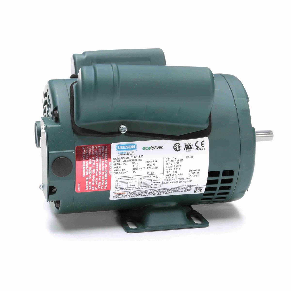 LEESON ecoSaver™ General Purpose Motor, 0.25 HP, 1 Ph, 60 Hz, 115/230 V, 1800 RPM, 48 Frame, DP - E100115.00