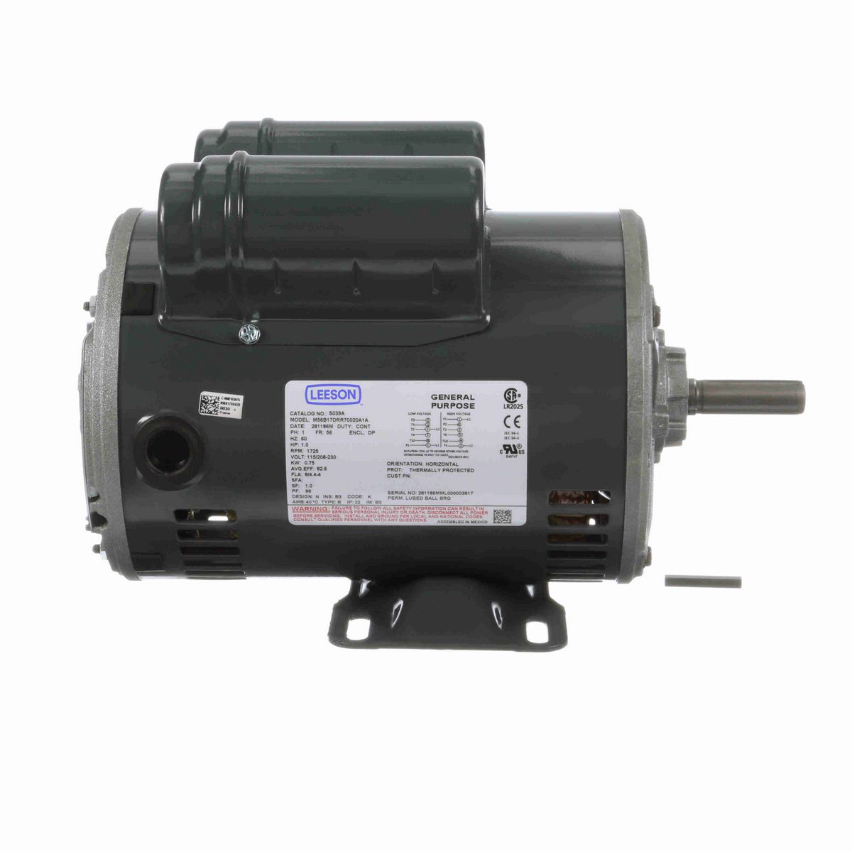 LEESON General Purpose Motor, 1 HP, 1 Ph, 60 Hz, 115/208-230 V, 1800 RPM, 56 Frame, DP - S039A