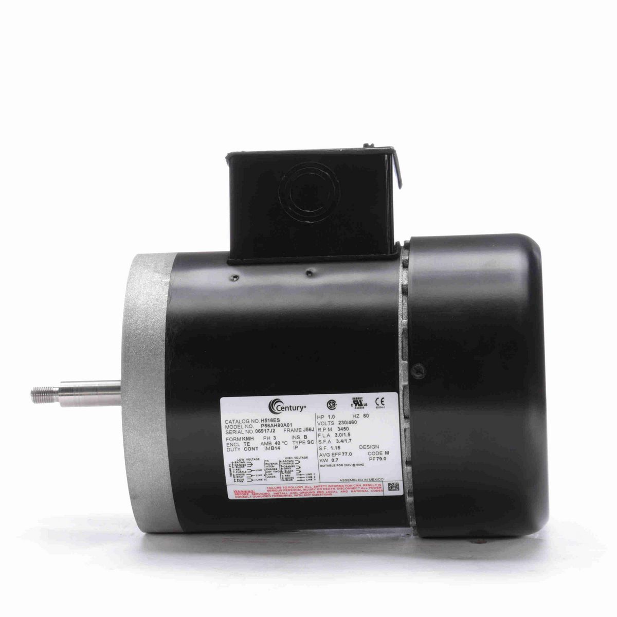 Century General Purpose Pump Motor, 1.0 HP, 3 Ph, 60 Hz, 230/460 V, 3600 RPM, J56J Frame, TEFC - H516ES