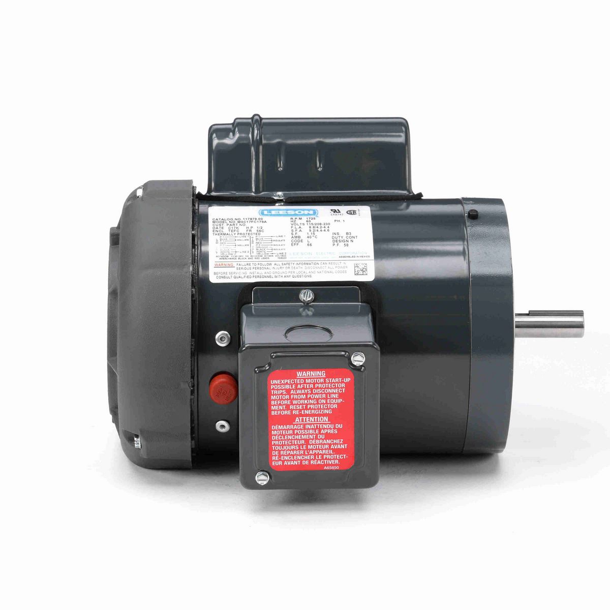 LEESON Agricultural Motor, 0.50 HP, 1 Ph, 60 Hz, 115/208-230 V, 1800 RPM, 56C Frame, TEFC - 117879.00