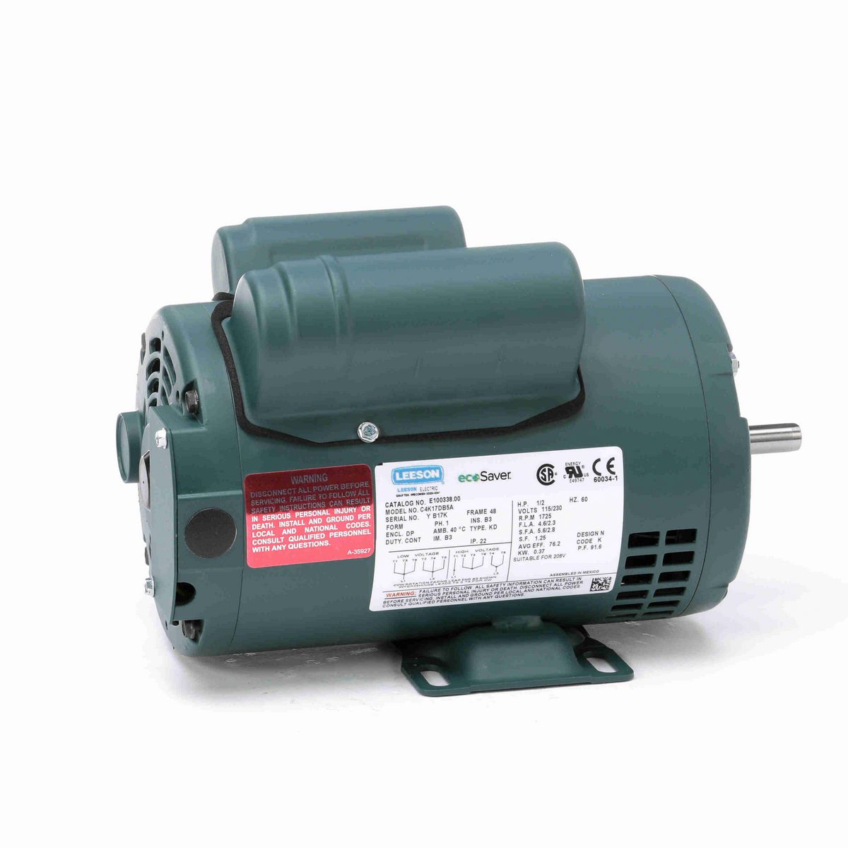 LEESON ecoSaver™ General Purpose Motor, 0.50 HP, 1 Ph, 60 Hz, 115/230 V, 1800 RPM, 48 Frame, DP - E100338.00