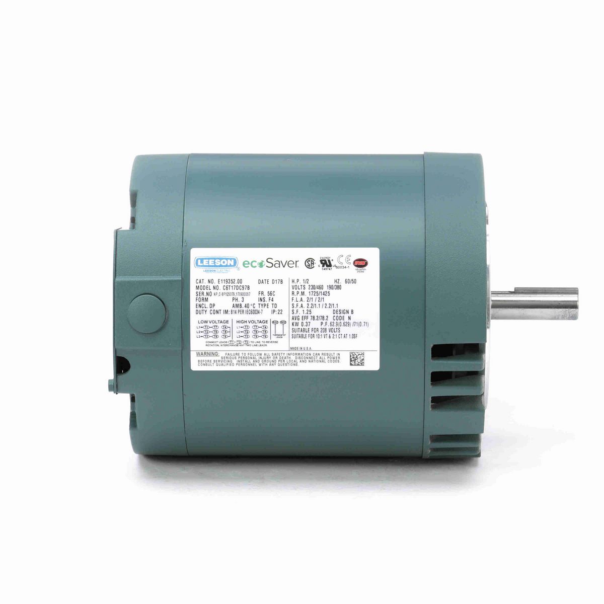 LEESON ecoSaver™ General Purpose Motor, 0.50 & 0.50 HP, 3 Ph, 60 & 50 Hz, 230/460 & 190/380 V, 1800 & 1500 RPM, 56C Frame, DP - E119352.00
