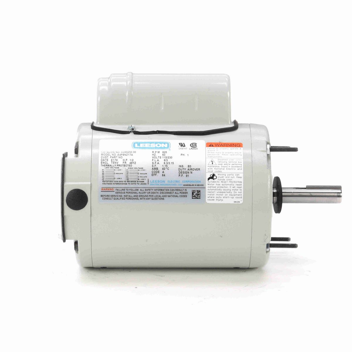 LEESON Fan and Blower Motor, 0.50 HP, 1 Ph, 60 Hz, 115/230 V, 900 RPM, 48YZ Frame, TEAO - A099250.00