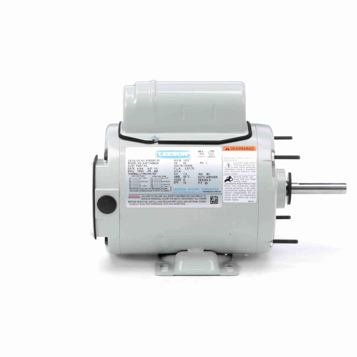 LEESON Agricultural Motor, 0.33 HP, 1 Ph, 60 Hz, 115/230 V, 1200 RPM, 48Z Frame, TEAO - A099261.00