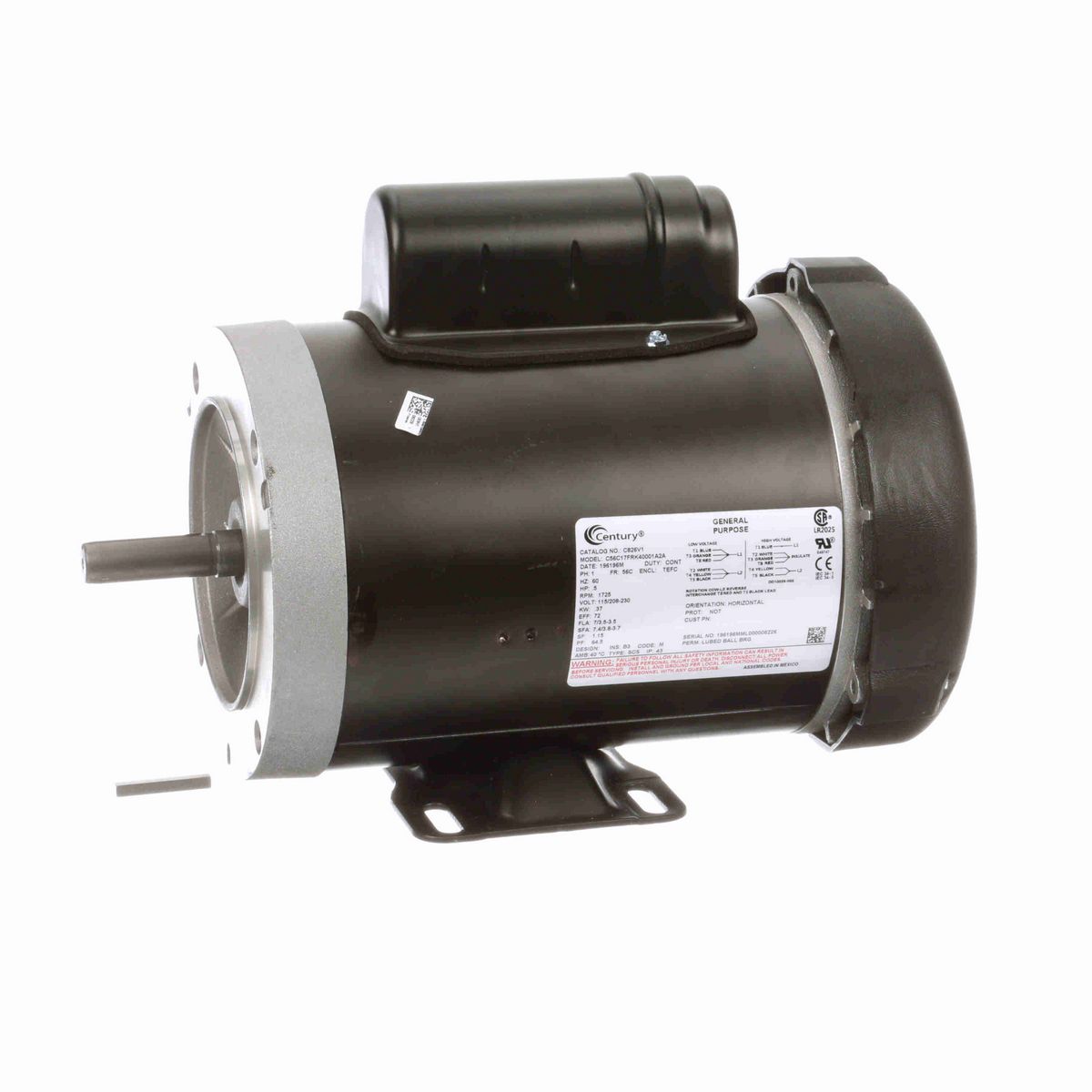 Century General Purpose Motor, .5 HP, 1 Ph, 60 Hz, 115/208-230 V, 1800 RPM, 56C Frame, TEFC - C826V1