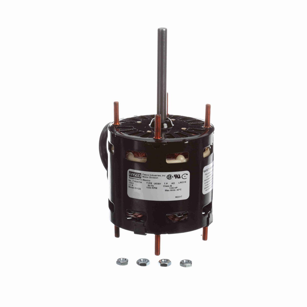 FASCO OEM Replacement Motor, 1/20 HP, 1 Ph, 60 Hz, 115 V, 1550 RPM, 1 Speed, 3.3" Diameter, OAO - D1124