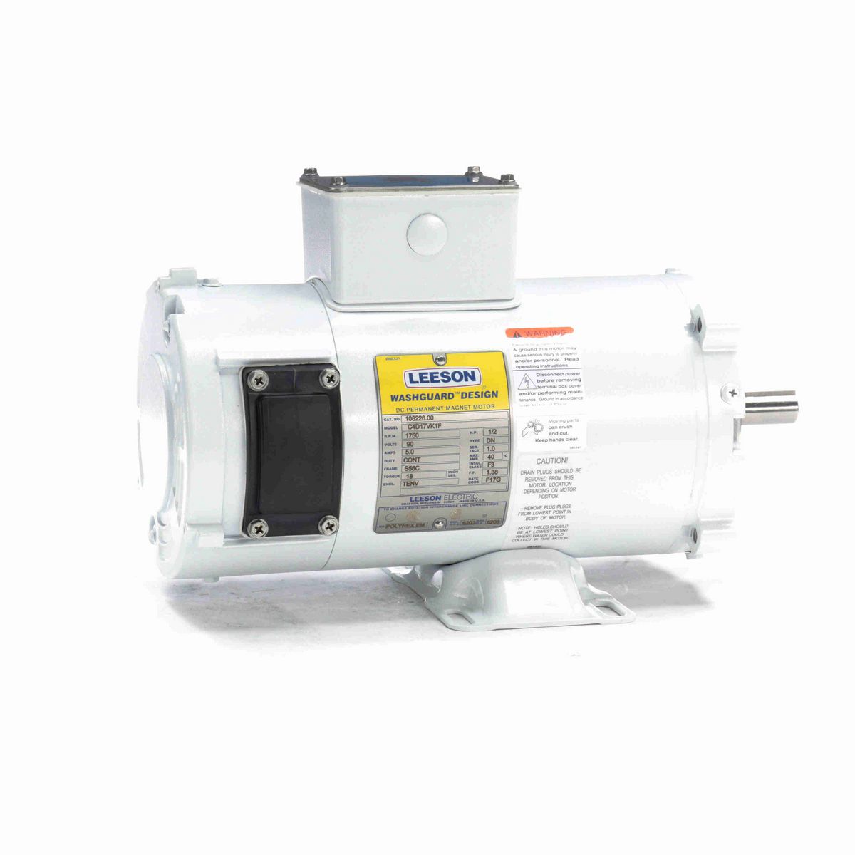 LEESON White Duck™ Washdown Motor, 0.50 HP, 90 V, 1750 RPM, S56C Frame, TENV - 108226.00