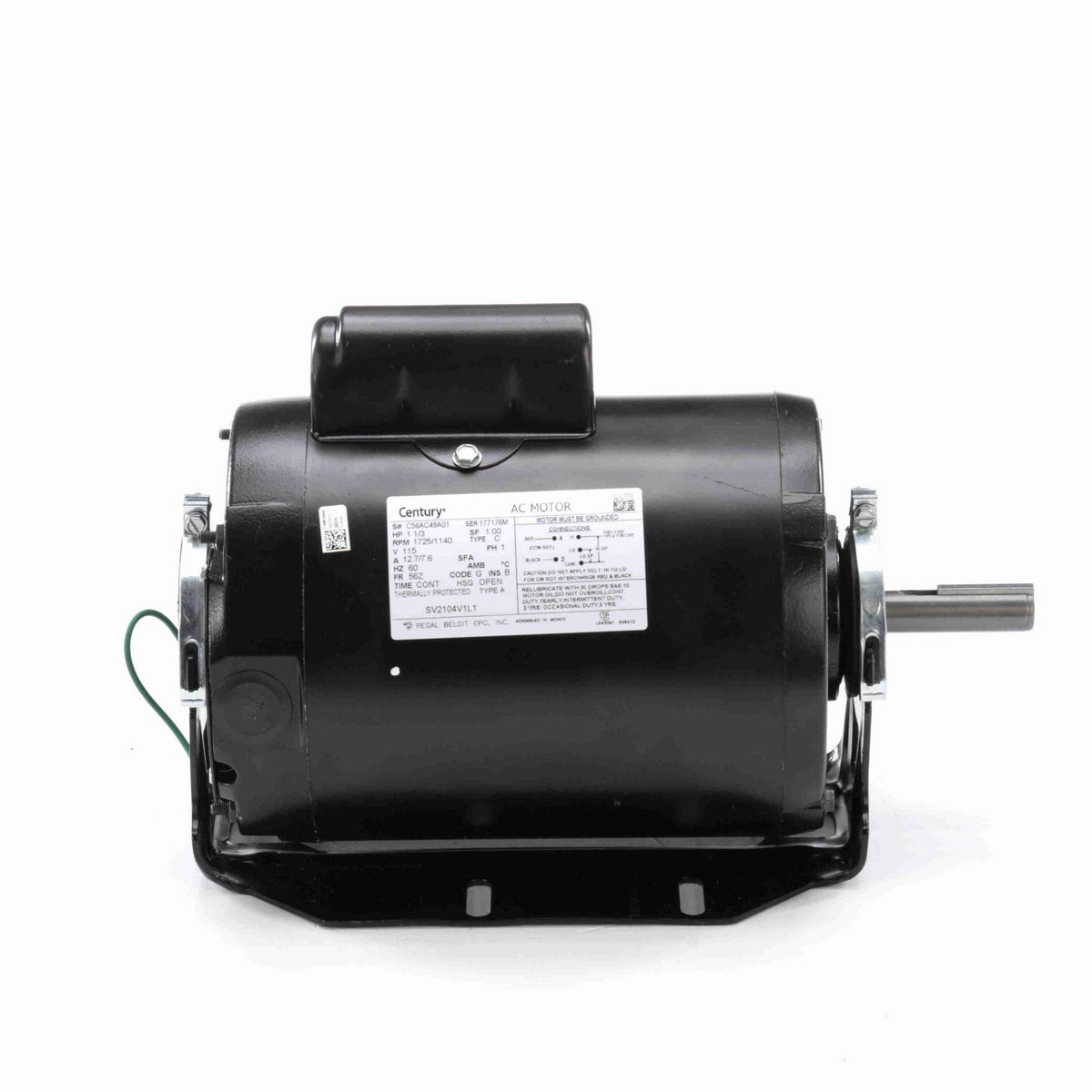 Century Refrigeration Motor, 1 1/3 HP, 1 Ph, 60 Hz, 115 V, 1800 RPM, 56Z Frame, OPEN - SV2104V1L1