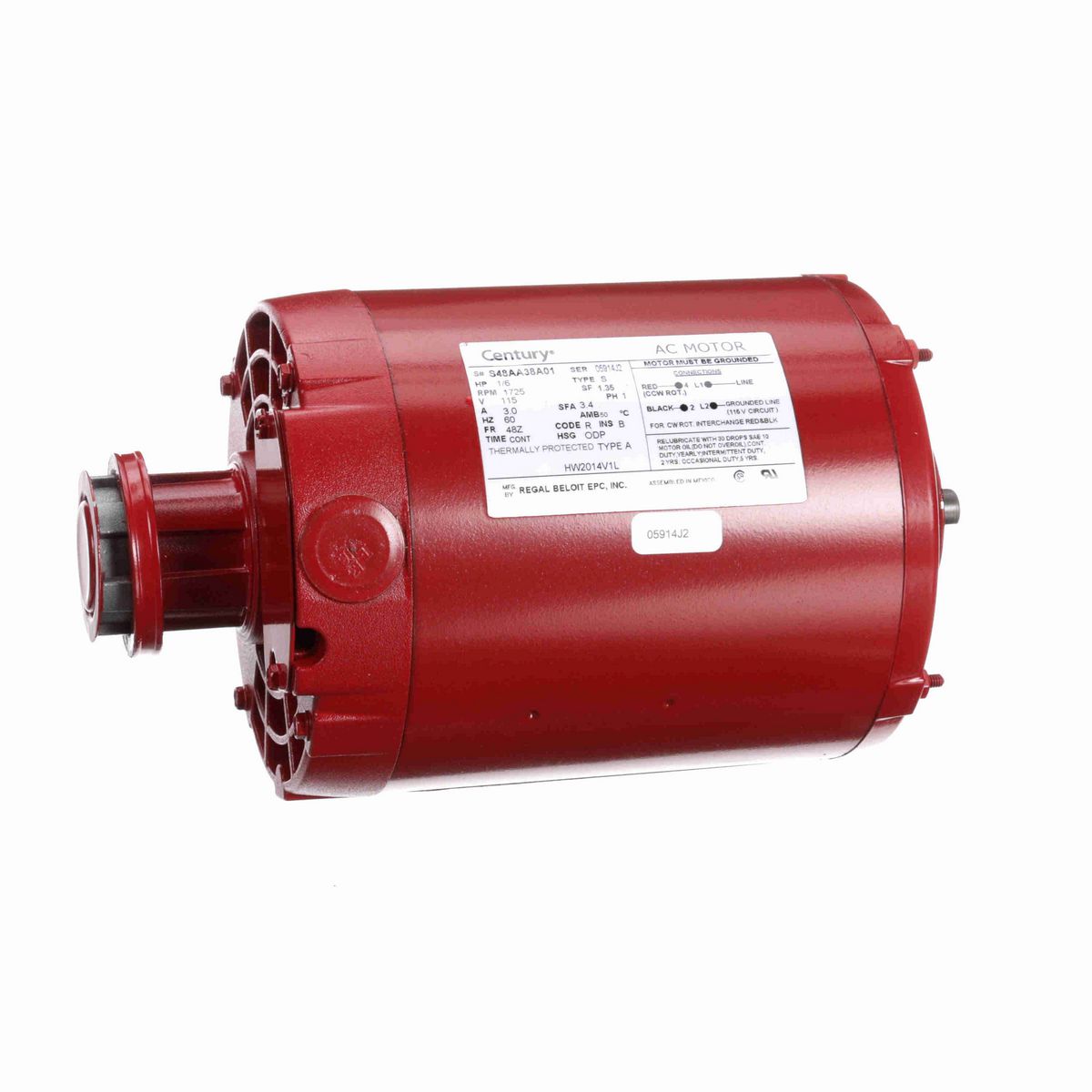 Century Circulator Pump Motor, 1/6 HP, 1 Ph, 60 Hz, 115 V, 1800 RPM, 48Z Frame, ODP - HW2014V1L