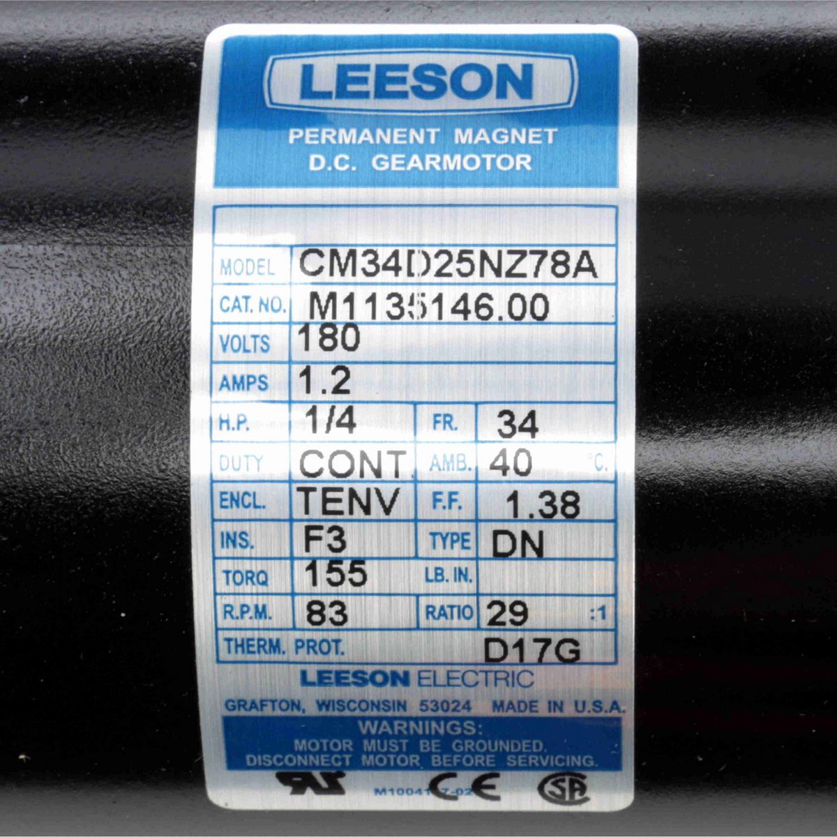 LEESON Parallel Shaft Gearmotor, 0.25 HP, 180 V, 83 RPM, 34 Frame, TENV - M1135146.00