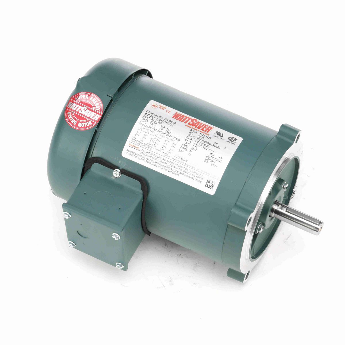 LEESON WATTSAVER® General Purpose Motor, 0.50 & 0.50 HP, 3 Ph, 60 & 50 Hz, 230/460 & 190/380 V, 1800 & 1500 RPM, S56C Frame, TEFC - 101780.00