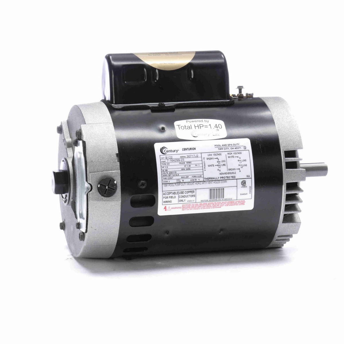 Century Pool Pump Motor, 1.0 HP, 1 Ph, 60 Hz, 230/115 V, 3600 RPM, M56C Frame, DP - B122