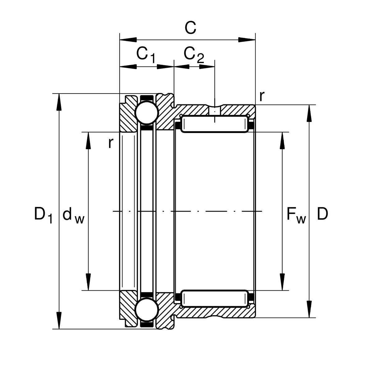 Комбинированный упорный шарикоподшипник с игольчатыми роликами INA NKX12-XL (NKX12)