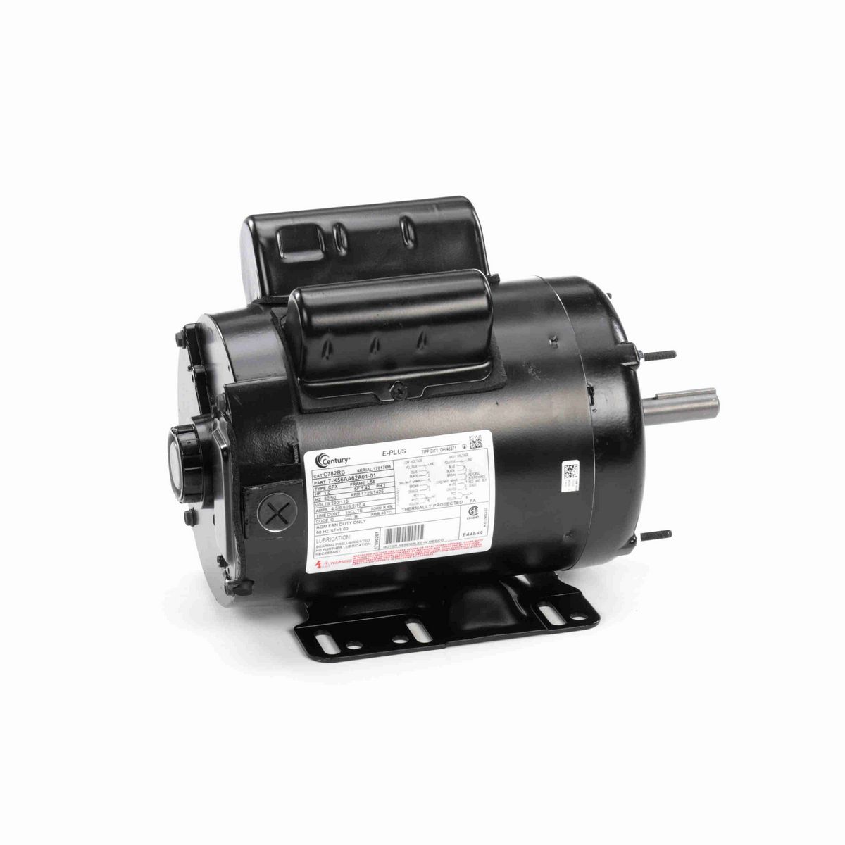 Century Belt Drive Fan Motor, 1.0 HP, 1 Ph, 60/50 Hz, 230/115 V, 1800 RPM, L56None Frame, TENV - C782RB