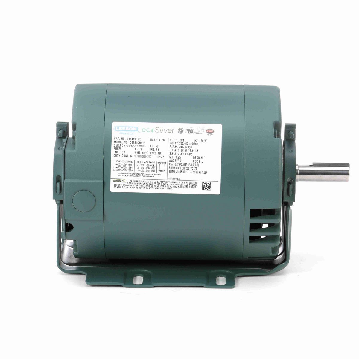 LEESON ecoSaver™ General Purpose Motor, 1 & 0.75 HP, 3 Ph, 60 & 50 Hz, 230/460 & 190/380 V, 3600 & 3000 RPM, 56 Frame, DP - E114192.00
