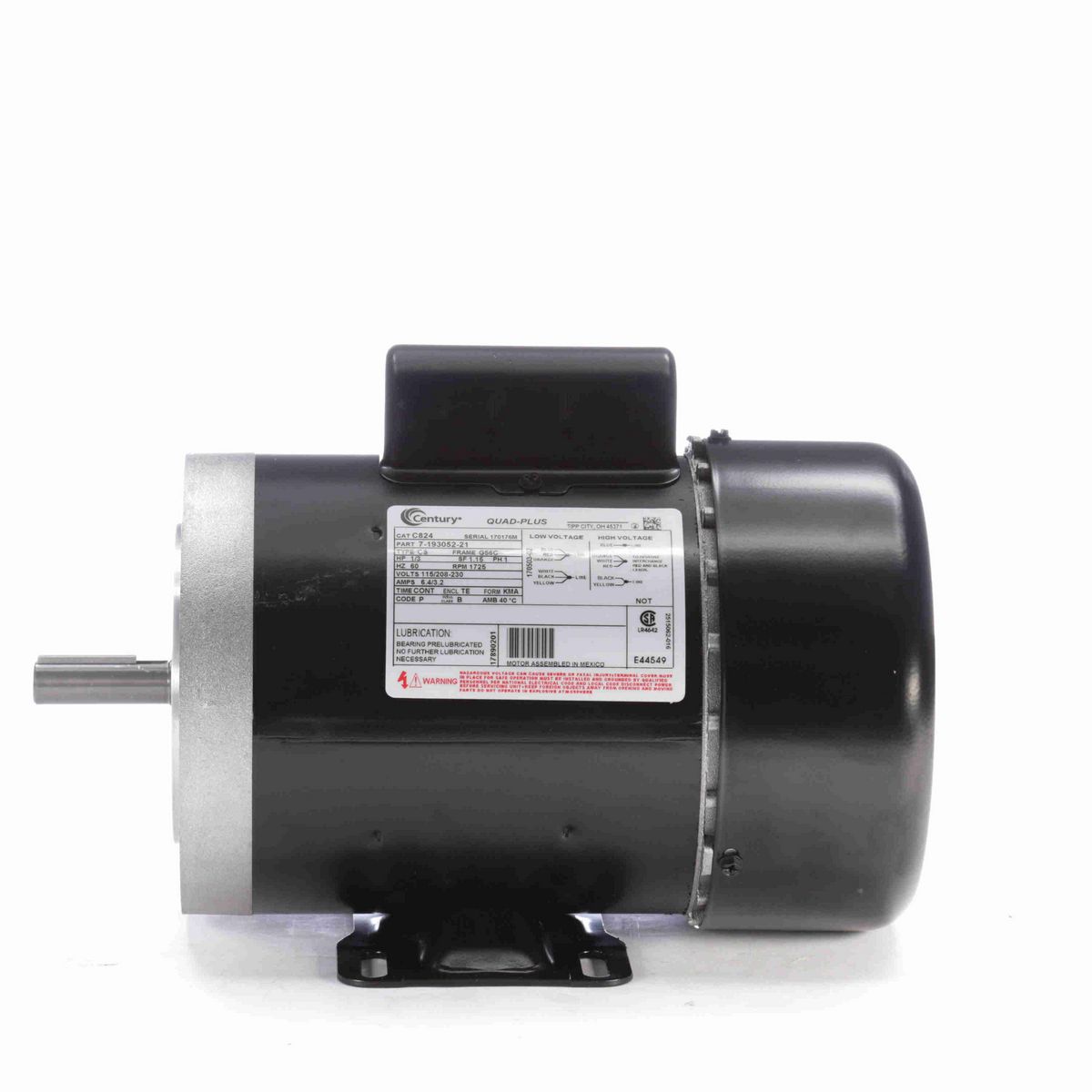 Century General Purpose Motor, 1/3 HP, 1 Ph, 60 Hz, 115/208-230 V, 1800 RPM, G56C Frame, TEFC - C824