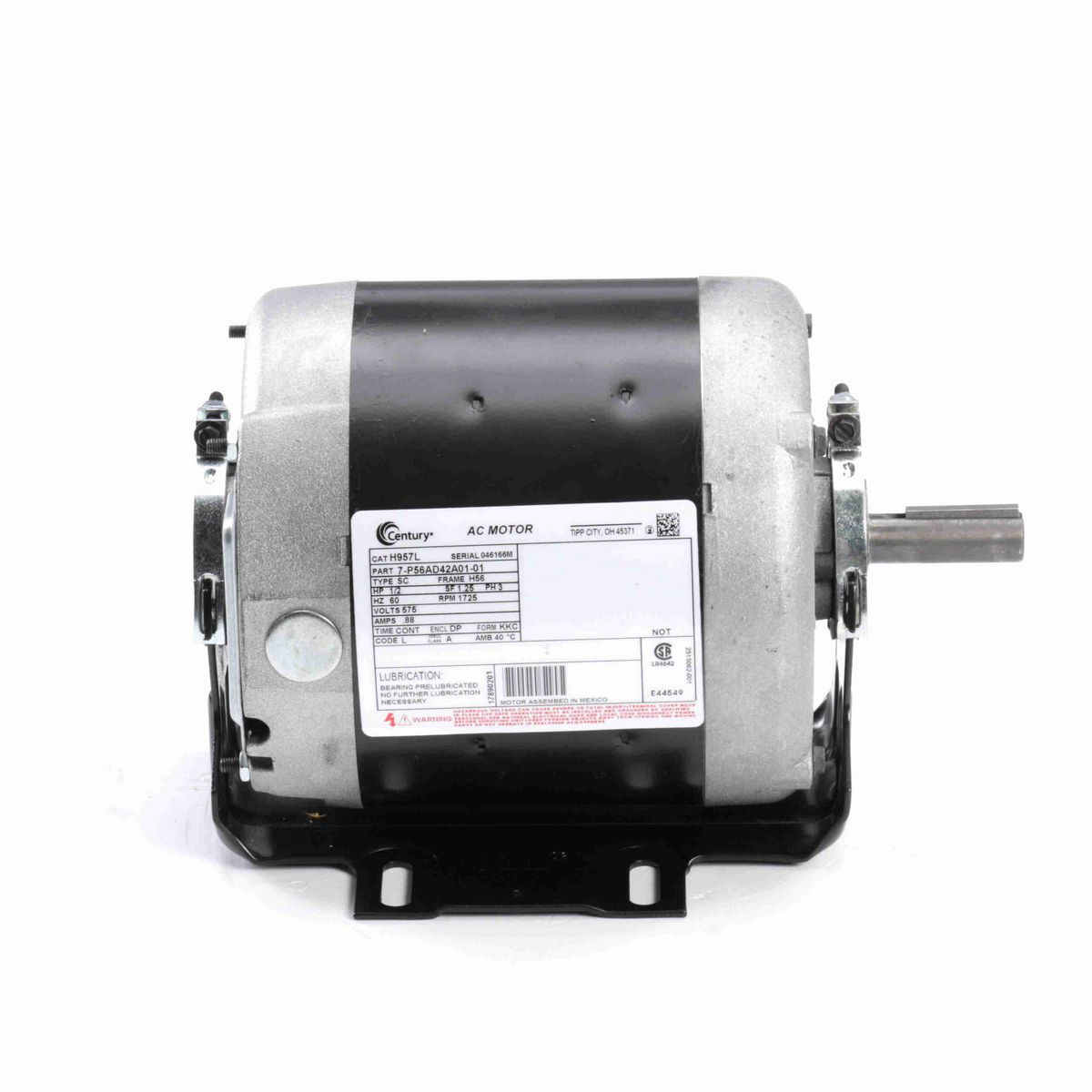 Century Fan and Blower Motor, 1/2 HP, 3 Ph, 60 Hz, 575 V, 1800 RPM, H56 Frame, DP - H957L