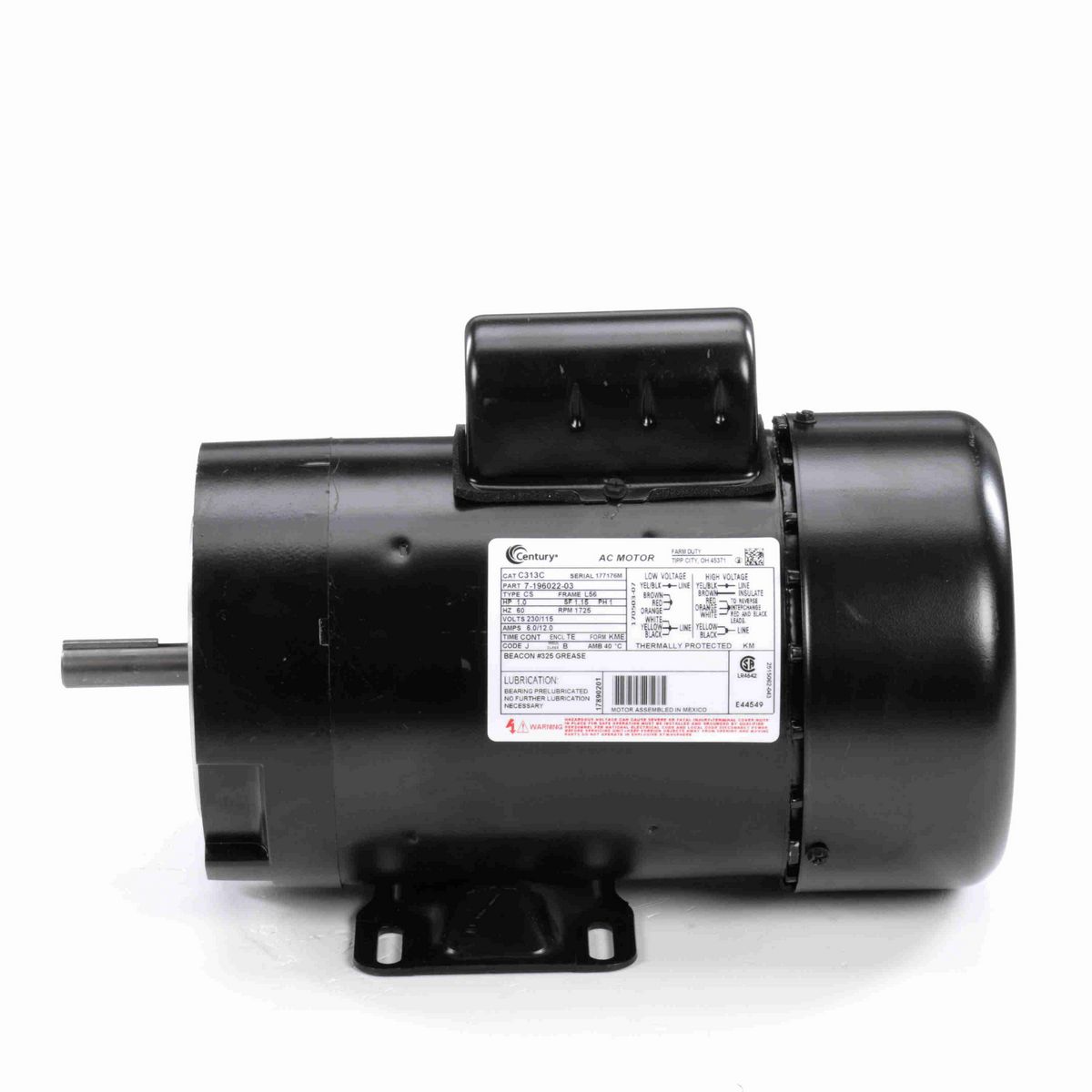 Century General Purpose Farm Duty Motor, 1.0 HP, 1 Ph, 60 Hz, 230/115 V, 1800 RPM, L56 Frame, TEFC - C313C
