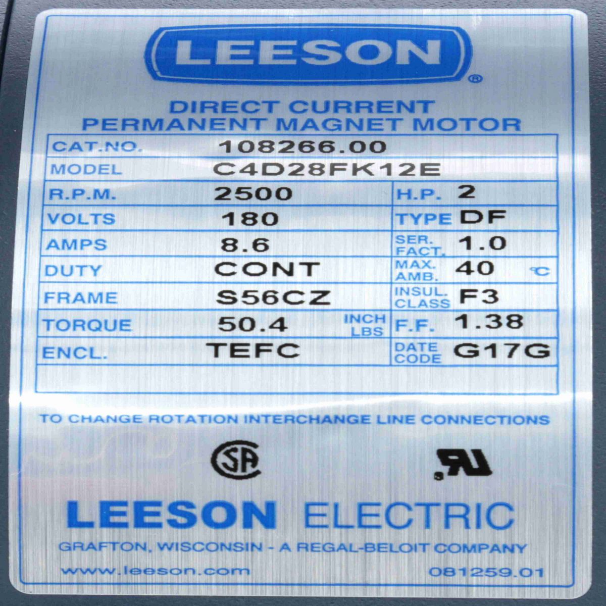 LEESON SCR Motor, 2 HP, 180 V, 2500 RPM, S56CZ Frame, TEFC - 108266.00