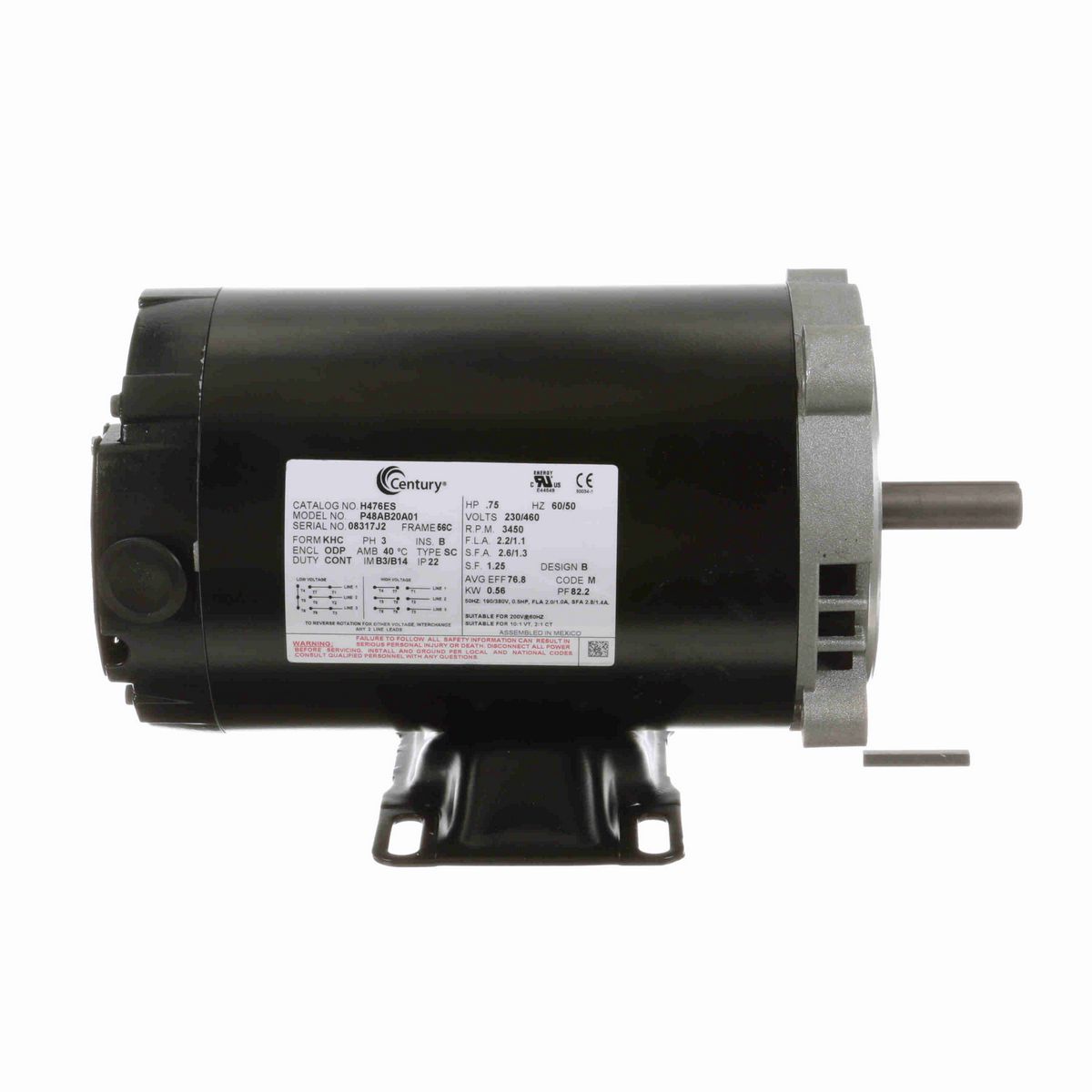 Century General Purpose Motor, .75 HP, 3 Ph, 60/50 Hz, 230/460 V, 3600 RPM, 56C Frame, ODP - H476ES