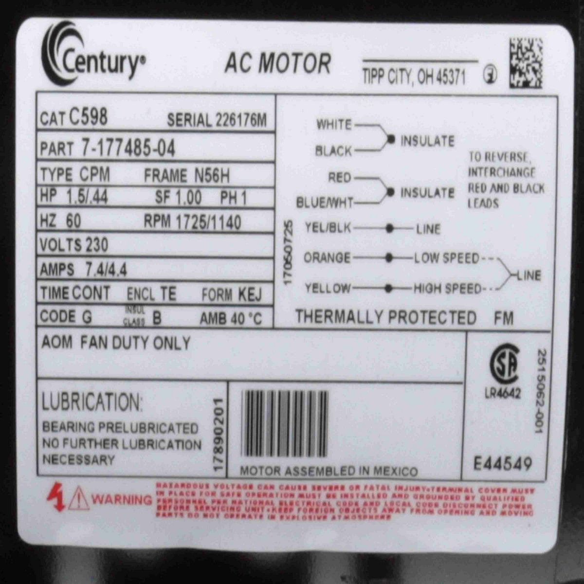 Century General Purpose Farm Duty Motor, 1.5/.44 HP, 1 Ph, 60 Hz, 230 V, 1800 RPM, N56H Frame, TEAO - C598