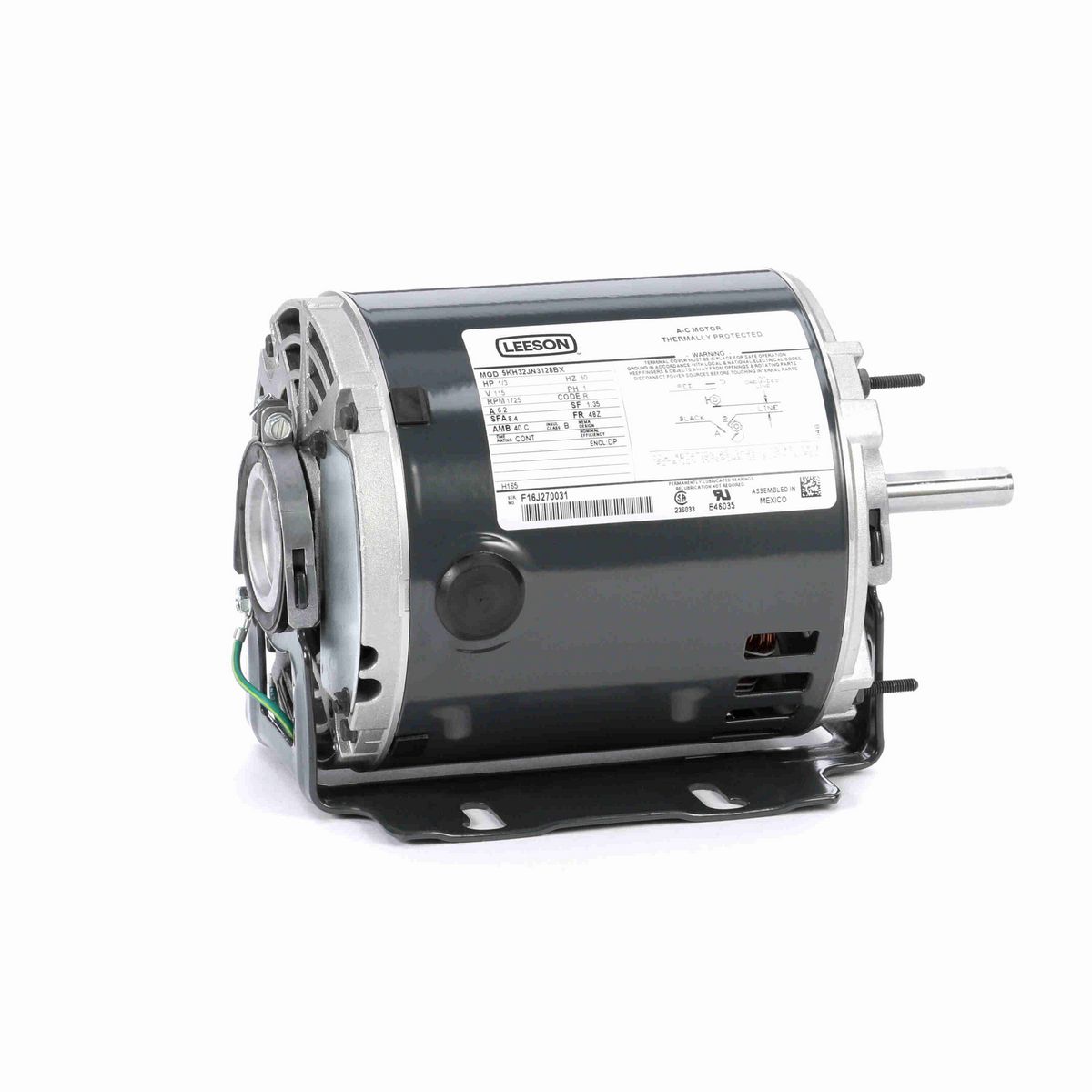 LEESON Fan and Blower Motor, 0.33 HP, 1 Ph, 60 Hz, 115 V, 1800 RPM, 48Z Frame, DP - H165