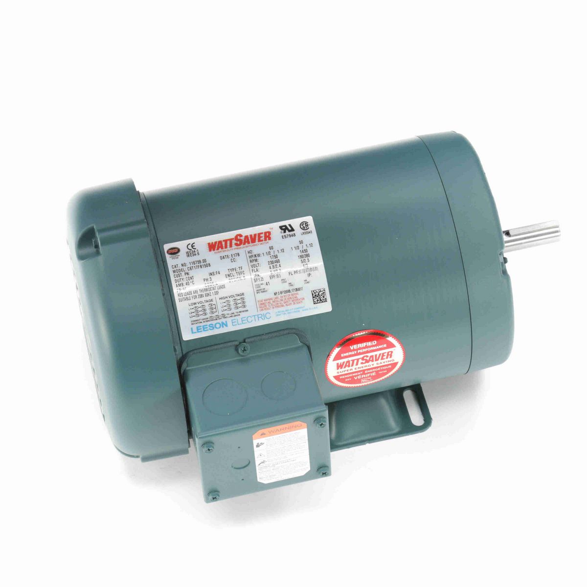 LEESON WATTSAVER® General Purpose Motor, 1.50 & 1.50 HP, 3 Ph, 60 & 50 Hz, 230/460 & 190/380 V, 1800 & 1500 RPM, 56 Frame, TEFC - 116759.00