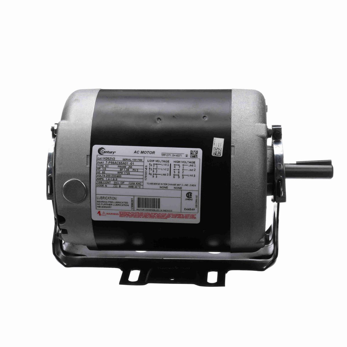 Century Fan and Blower Motor, 1/3 HP, 3 Ph, 60 Hz, 200-230/460 V, 1800 RPM, J56 Frame, ODP - H262V2