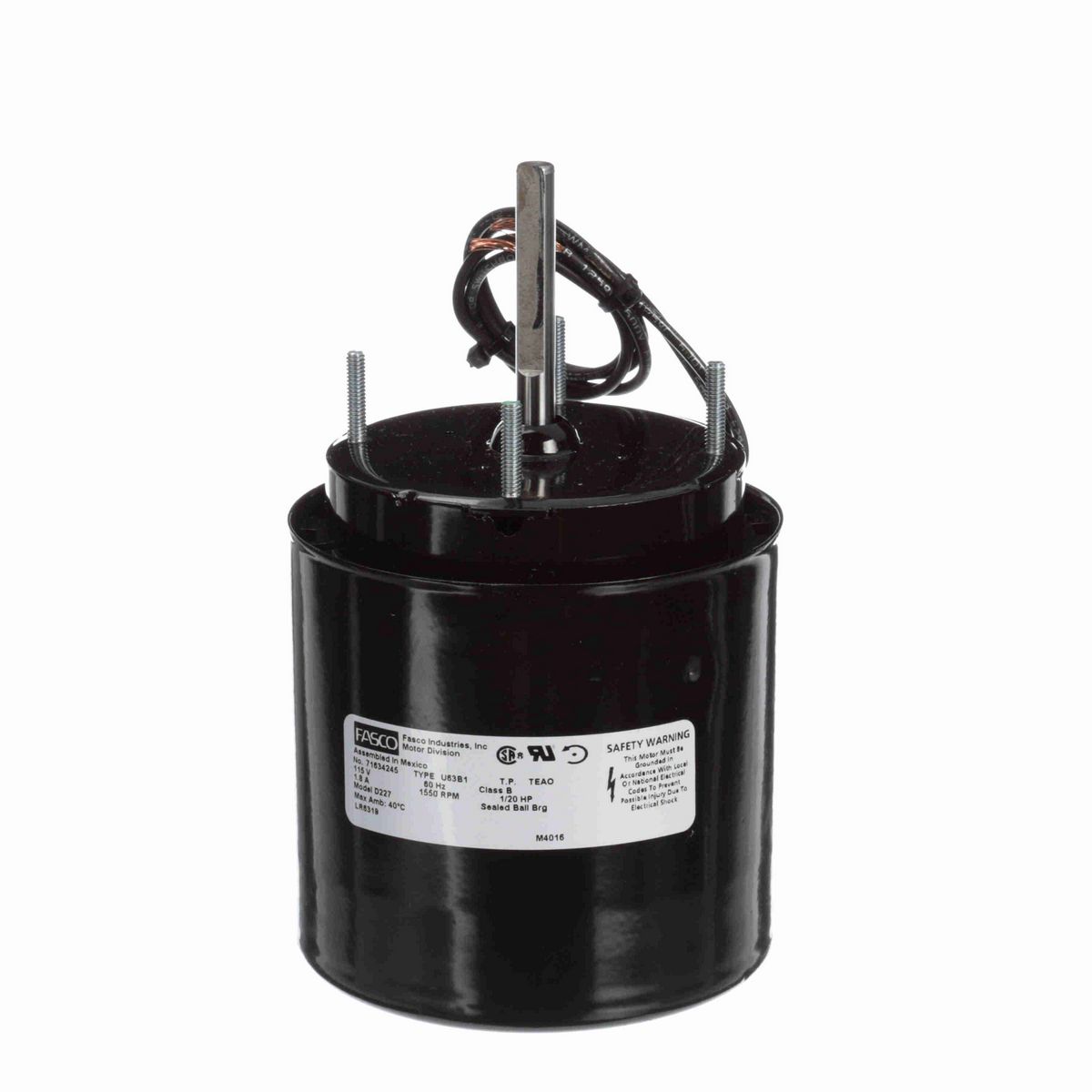 FASCO Fan and Blower Motor, 1/20 HP, 1 Ph, 60 Hz, 115 V, 1500 RPM, 1 Speed, 3.3" Diameter, TEFC - D227