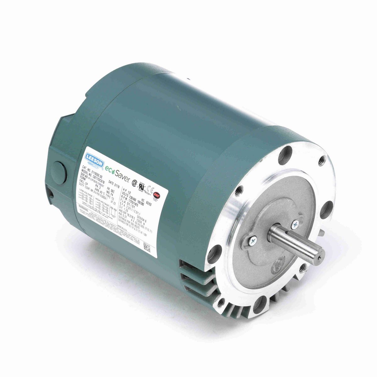 LEESON ecoSaver™ General Purpose Motor, 0.50 & 0.50 HP, 3 Ph, 60 & 50 Hz, 230/460 & 190/380 V, 1800 & 1500 RPM, 56C Frame, DP - E119352.00