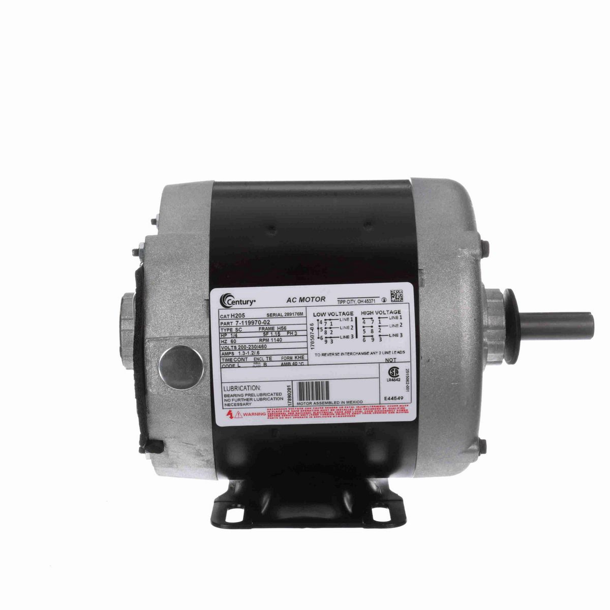 Century General Purpose Motor, 1/4 HP, 3 Ph, 60 Hz, 200-230/460 V, 1200 RPM, H56 Frame, TENV - H205