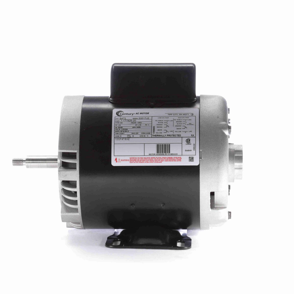 Century Centrifugal Pumps Motor, 1/3 HP, 1 Ph, 60 Hz, 115/230 V, 3000 RPM, K56J Frame, DP - B472