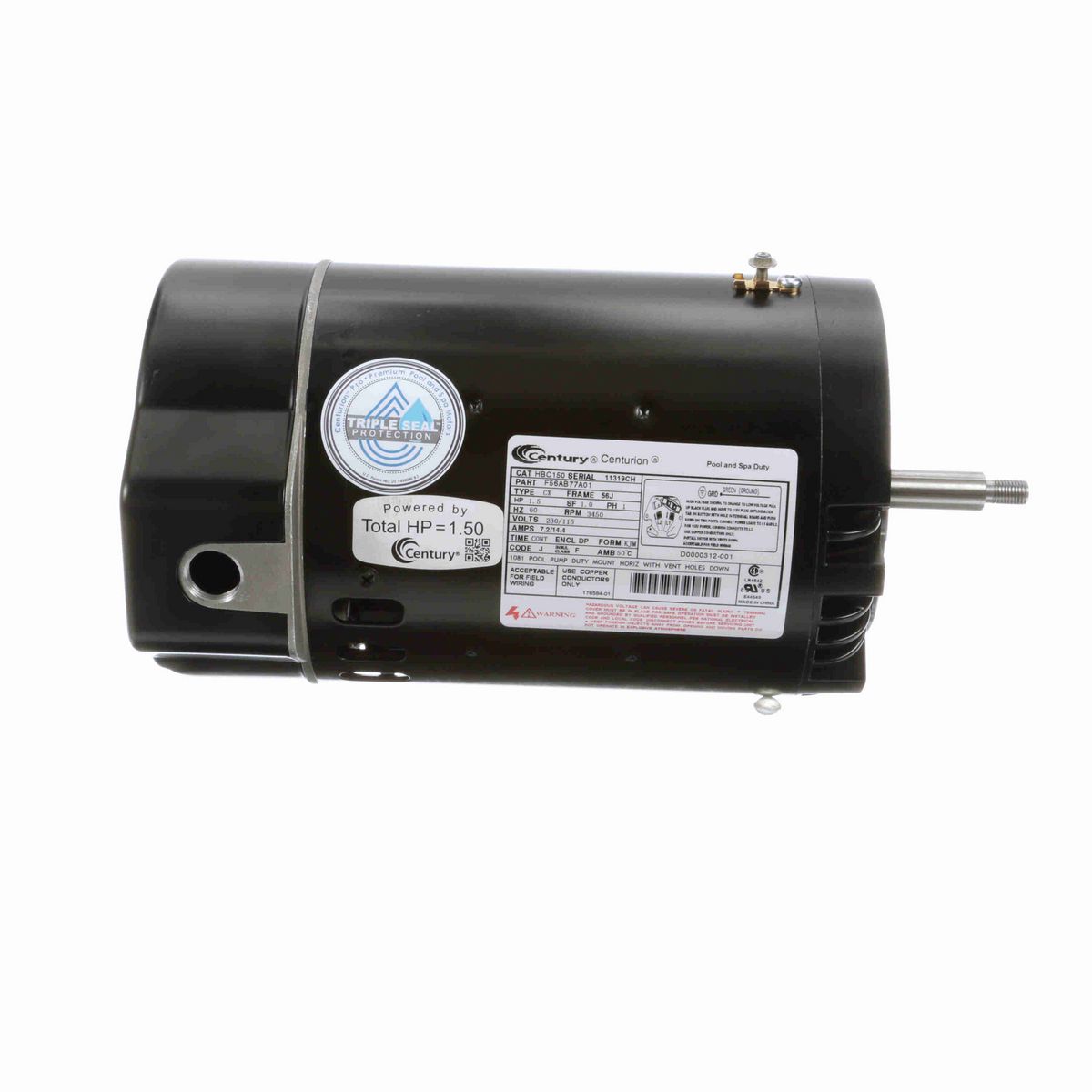 Century Pool Pump Motor, 1.5 HP, 1 Ph, 60 Hz, 230/115 V, 3600 RPM, M56J Frame, DP - HBC150