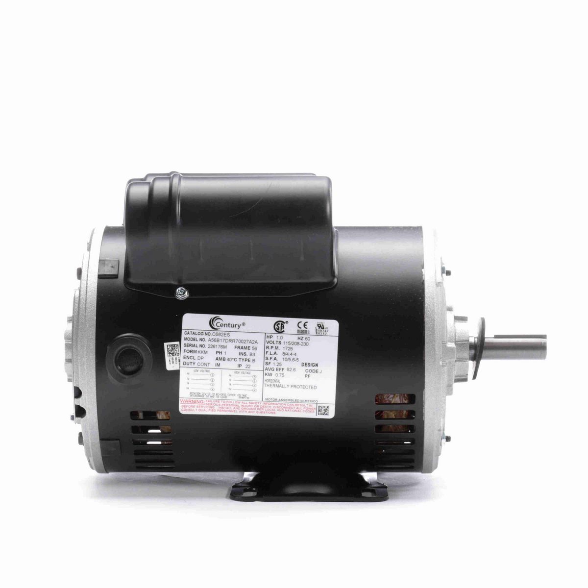 Century General Purpose Motor, 1.0 HP, 1 Ph, 60 Hz, 115/208-230 V, 1800 RPM, 56 Frame, DP - C682ES