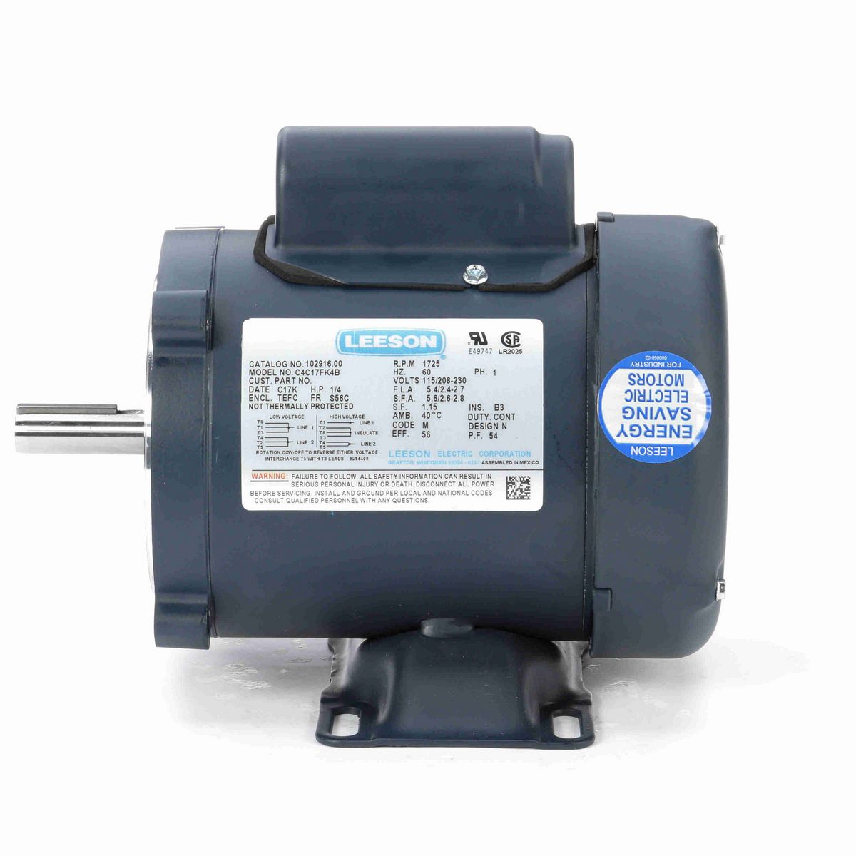 LEESON General Purpose Motor, 0.25 HP, 1 Ph, 60 Hz, 115/230 V, 1800 RPM, S56C Frame, TEFC - 102916.00