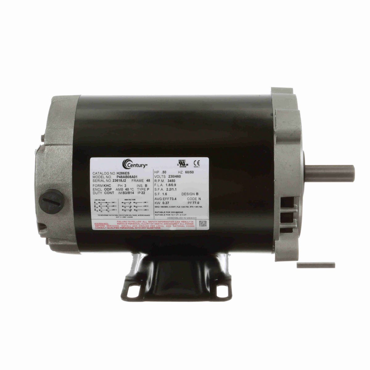 Century General Purpose Motor, .50 HP, 3 Ph, 60 Hz, 230/460 V, 3600 RPM, 48 Frame, ODP - H286ES
