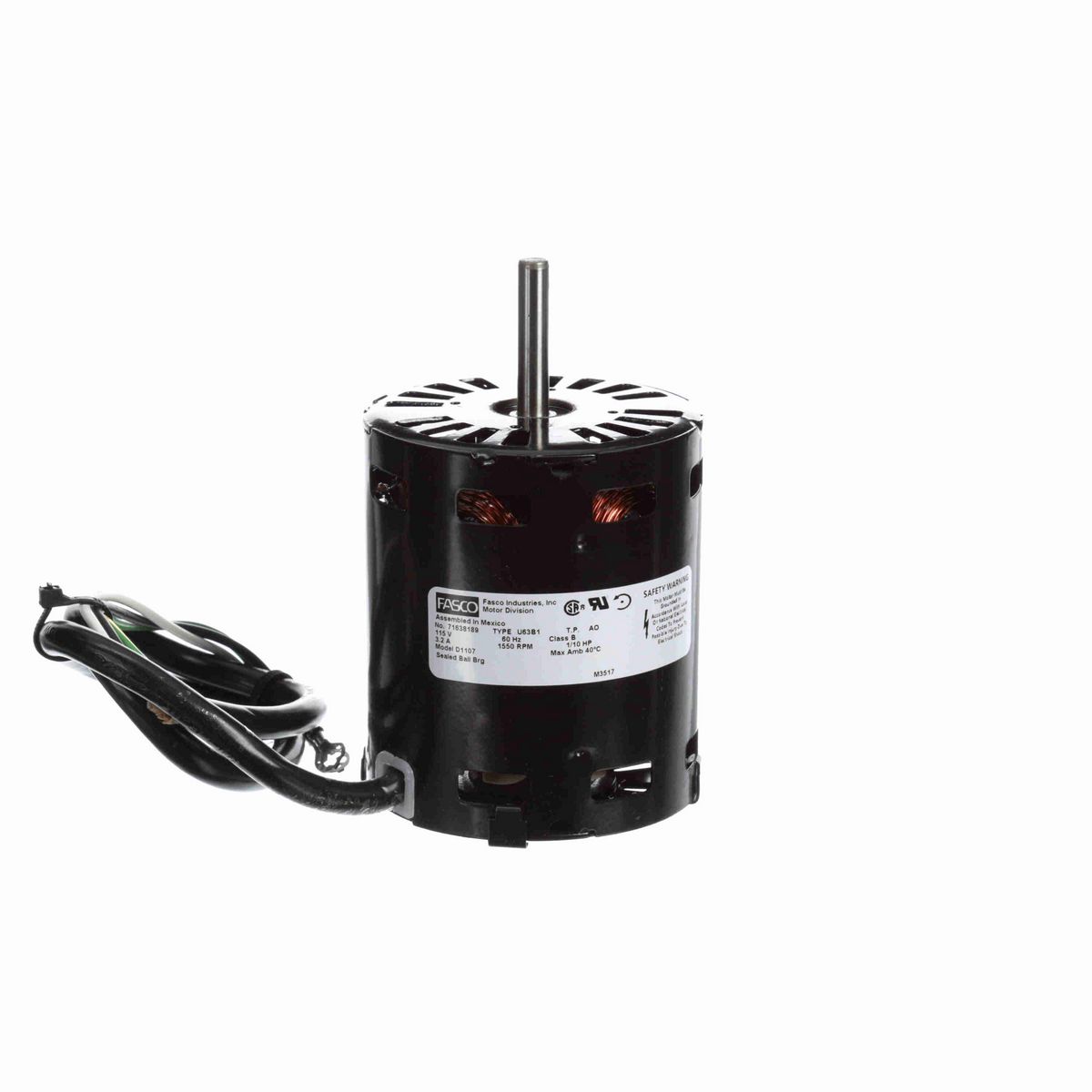 FASCO OEM Replacement Motor, 1/10 HP, 1 Ph, 60 Hz, 115 V, 1550 RPM, 1 Speed, 3.3" Diameter, OAO - D1107
