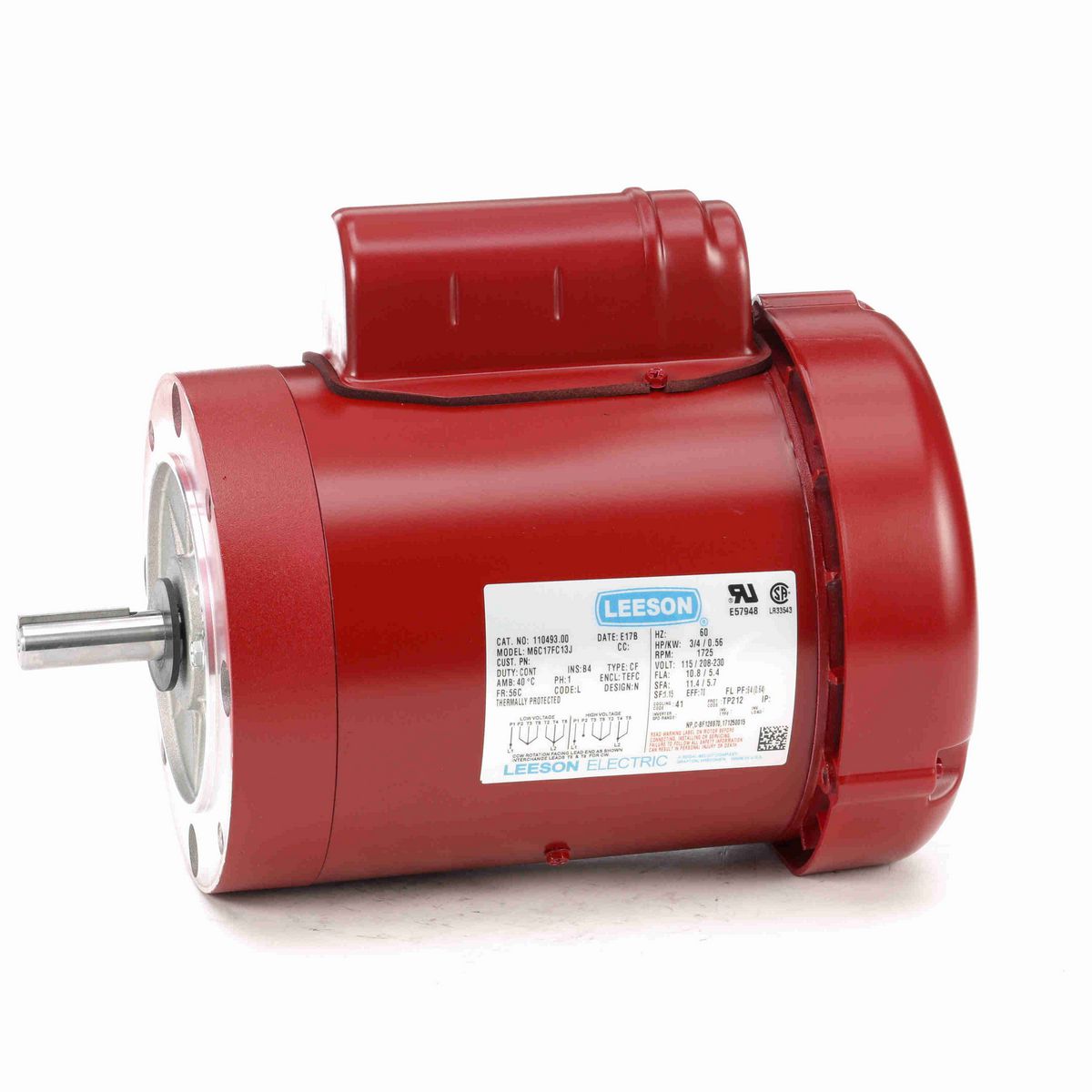 LEESON Agricultural Motor, 0.75 HP, 1 Ph, 60 Hz, 115/230 V, 1800 RPM, 56C Frame, TEFC - 110493.00