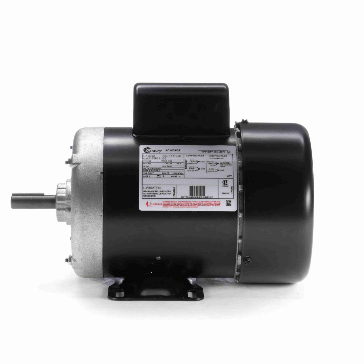 Century General Purpose Farm Duty Motor, 1.500 HP, 1 Ph, 60 Hz, 208-230/115 V, 3600 RPM, K56 Frame, TEFC - B762