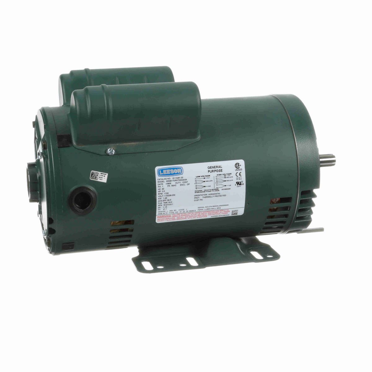 LEESON ecoSaver™ General Purpose Motor, 2 HP, 1 Ph, 60 Hz, 115/208-230 V, 1800 RPM, 56HC Frame, DP - E113281.00